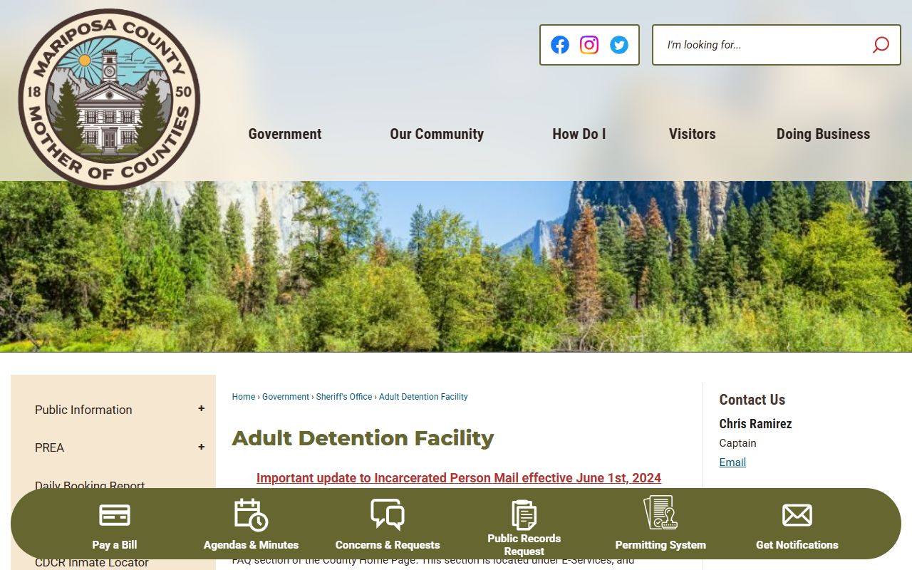 Mariposa County Adult Detention Facility inmate custody information page
