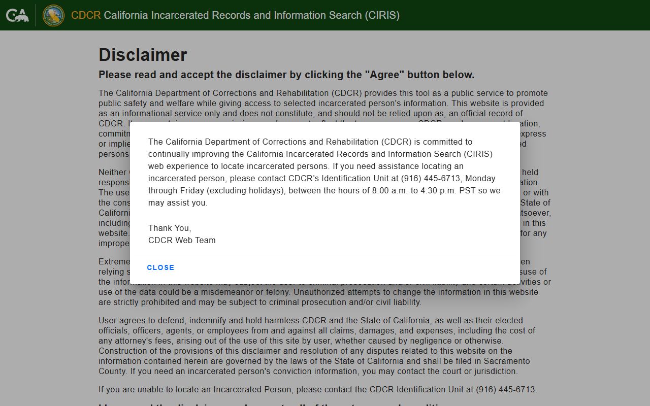 CDCR CIRIS Mount Bullion Conservation Camp inmate lookup