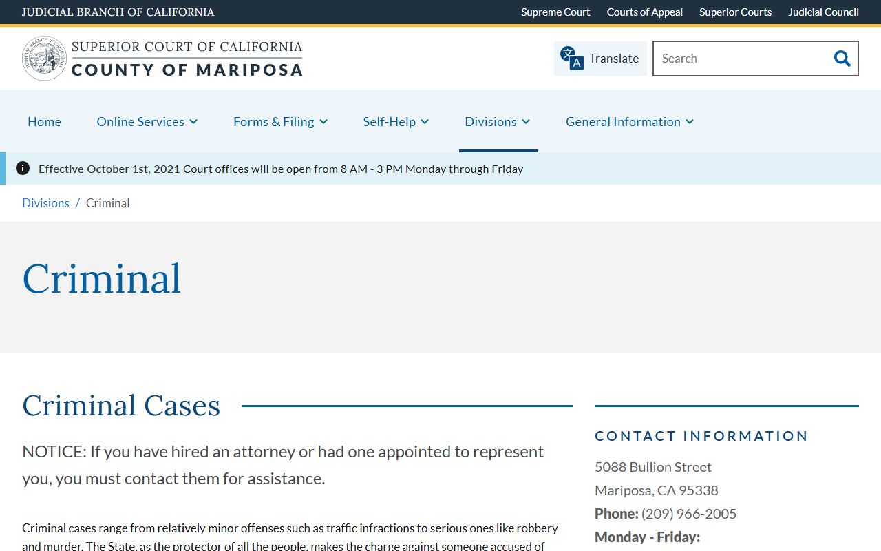 Mariposa County court records after arrest Criminal Division page