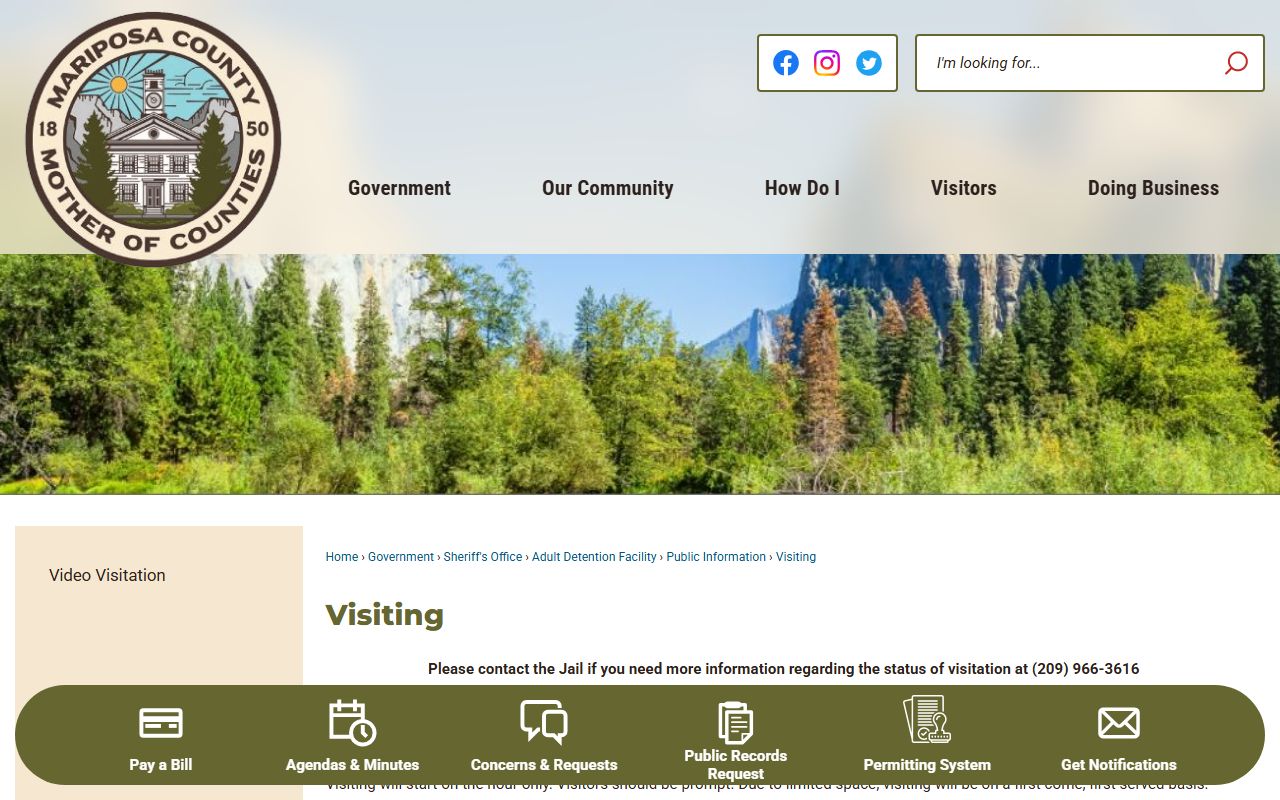 Mariposa County Adult Detention Facility inmate visiting schedule