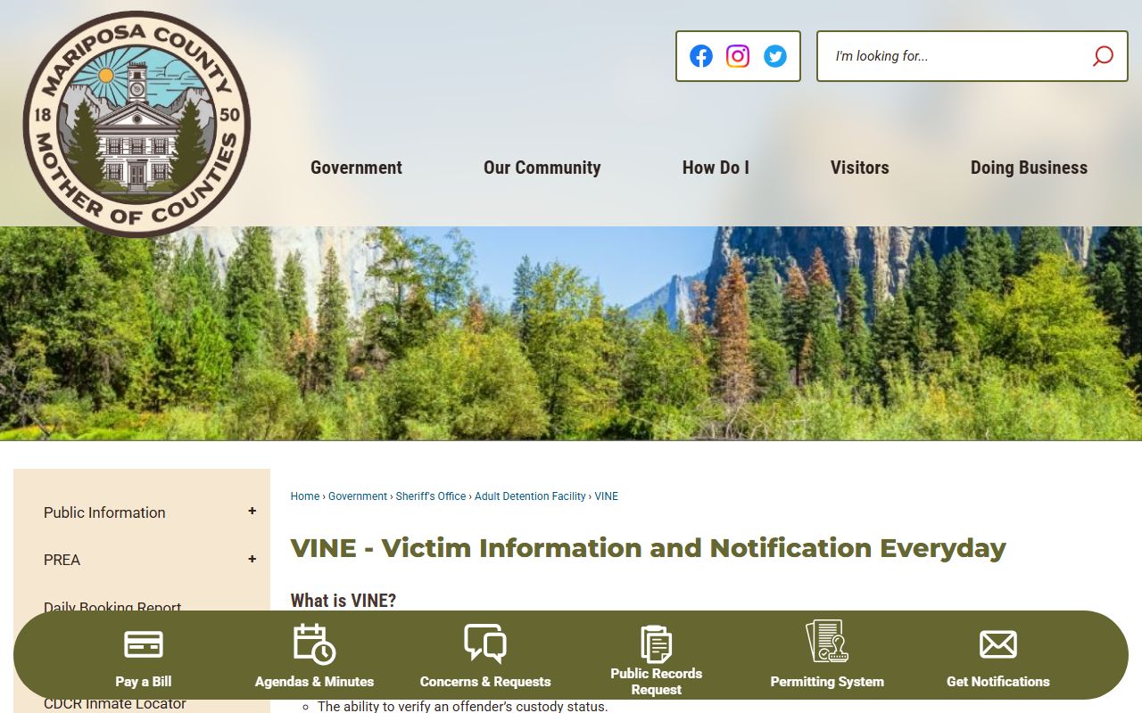 Mariposa County VINE custody notification page for inmate population lookup